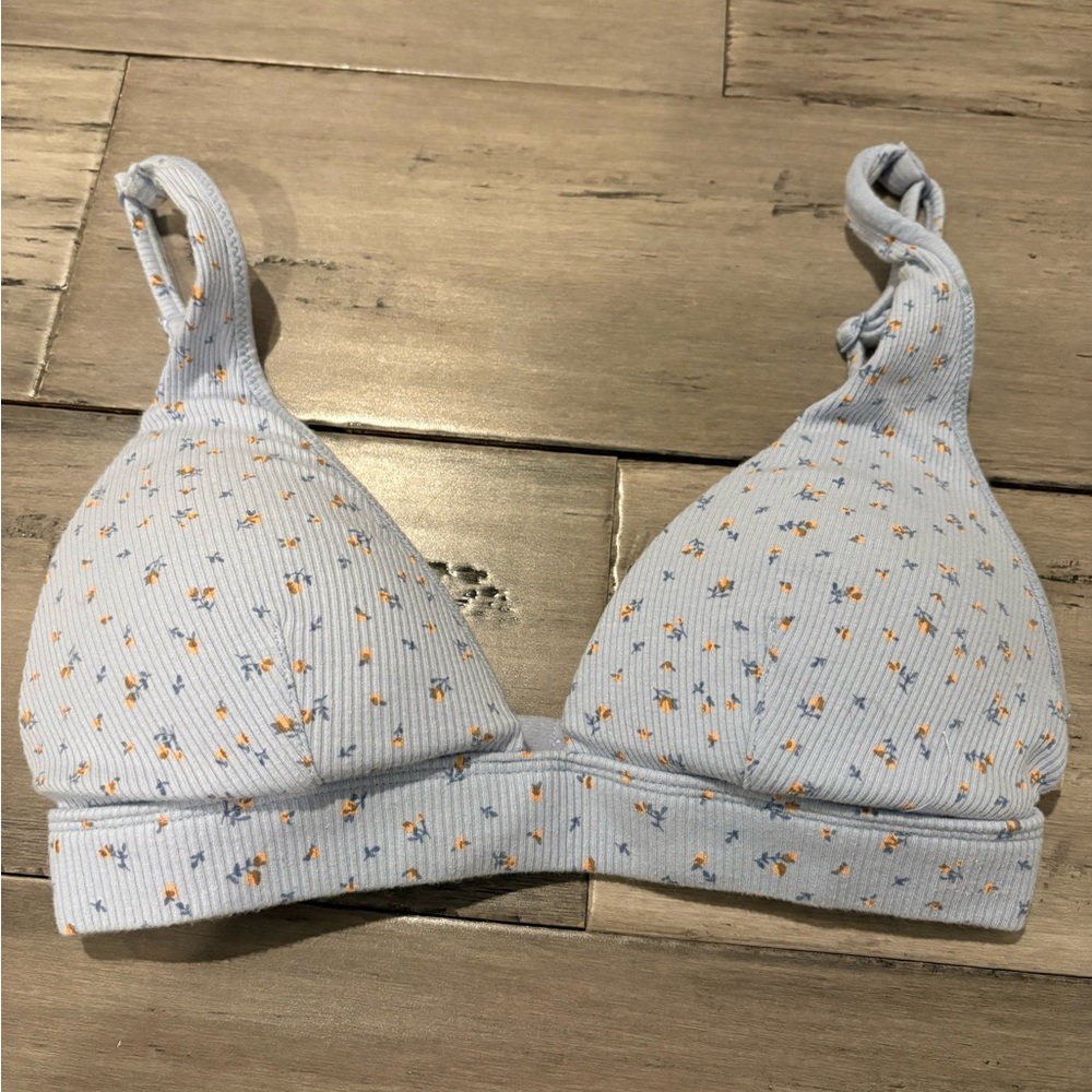 Aéropostale Seriously Soft Rib Plunge Bra Blue with Tiny Floral Accents